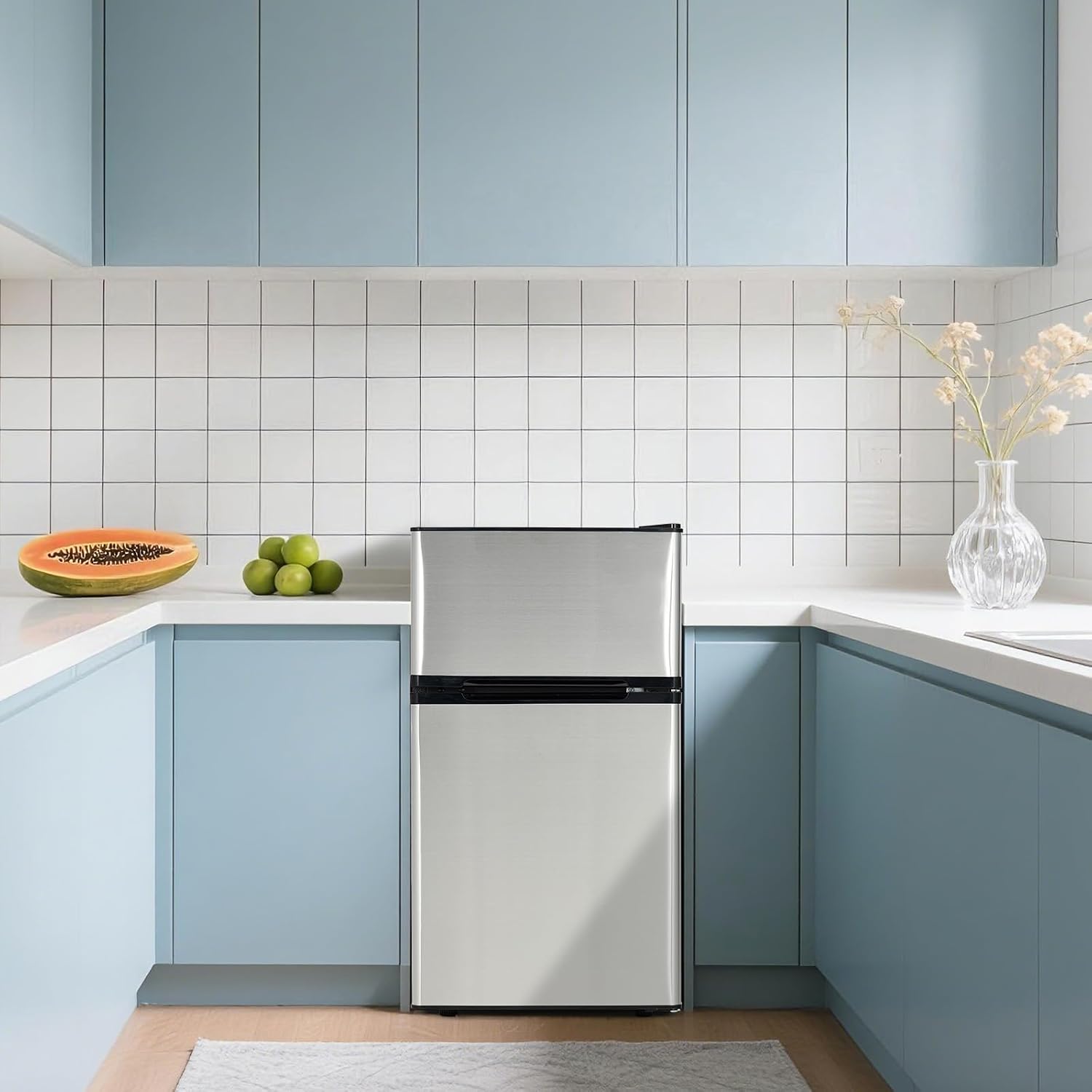 IDEALHOUSE Double Door Mini Fridge with Freezer, 3.1 Cu.Ft - Stainless Steel Compact Refrigerator, Adjustable Thermostat, Removable Glass Shelves for Small Spaces, Dorm, Apartment