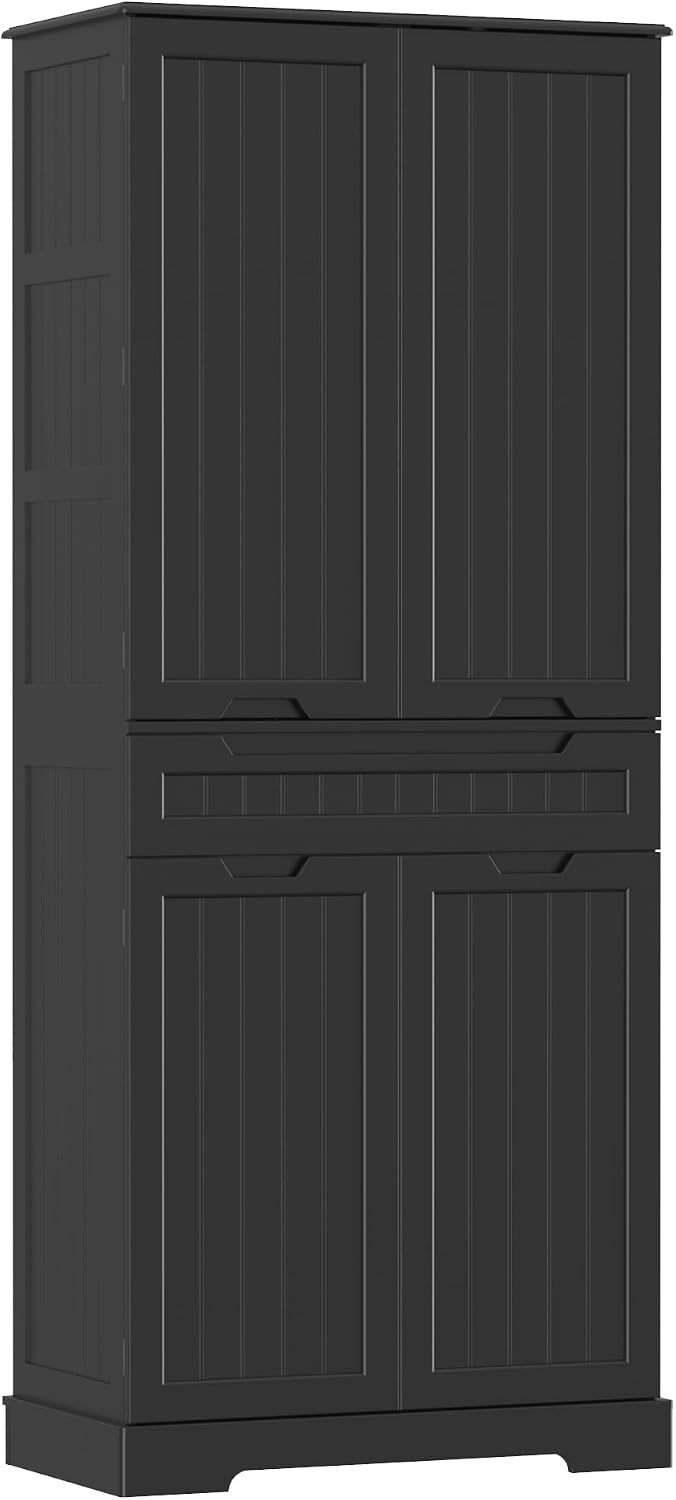 Gizoon 70' Tall Kitchen Pantry Cabinet with Doors and Adjustable Shelves, 5-Tier Multipurpose Pantry Storage Cabinet with Drawer Freestanding Organizer for Small Kitchen Bathroom Laundry Room, Black