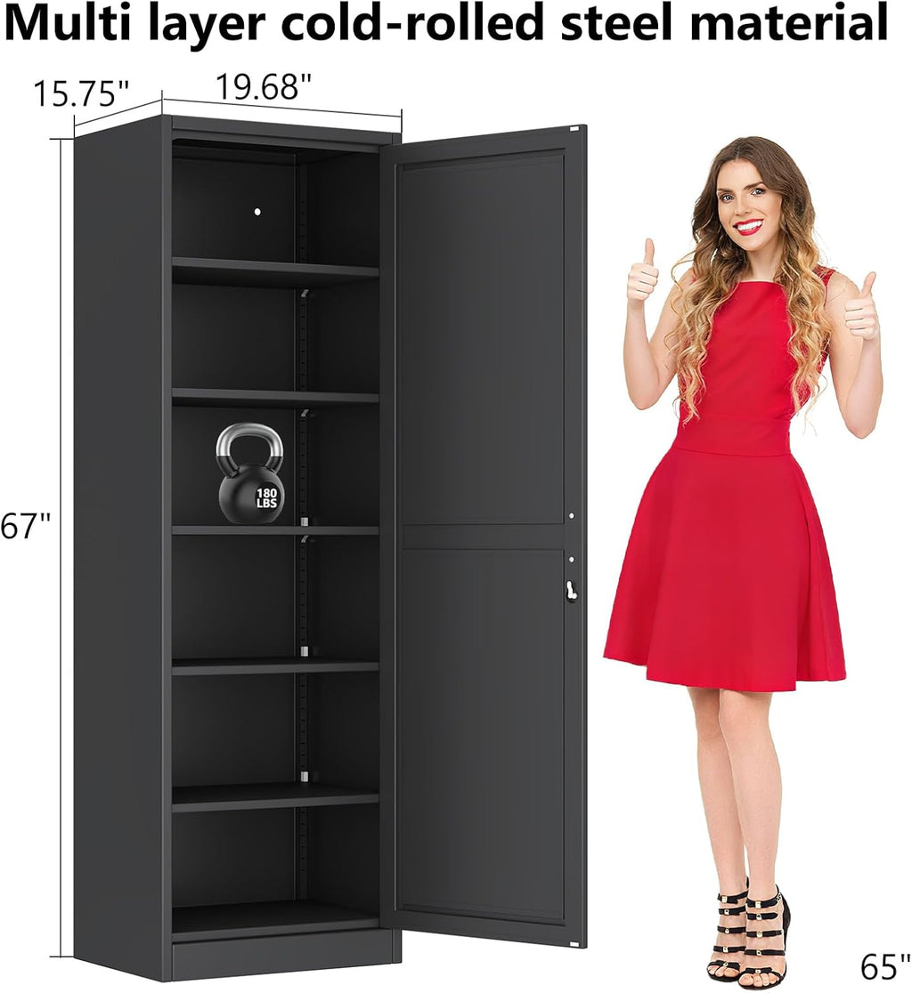Tall Narrow Slim Metal Storage Cabinet with Lock and 5 Adjustable Shelves,Steel File Cabinets,Kitchen Pantry Cabinet Locker Organizer - 67' Storage Cabinets for Bathroom,Bedroom,Office,Black