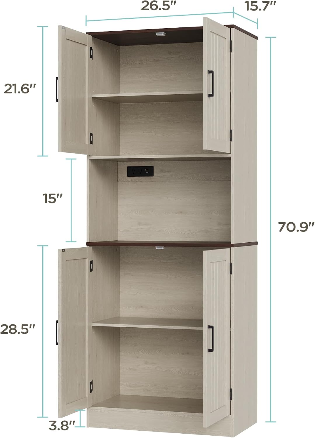 MHOM 71' Tall Pantry Cabinet with Charging Station, Farmhouse Kitchen Hutch with Adjustable Shelves, Modern Kitchen Pantry Storage Cabinet for Dinning Room & Living Room, Antique Oak