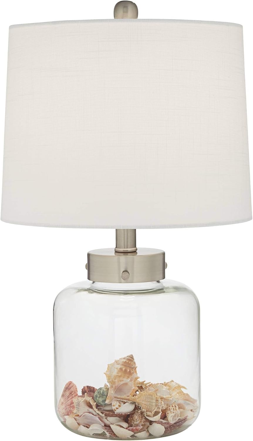 360 Lighting Coastal Country Accent 3-Way Table Lamp with Table Top Dimmer Fillable 20.5' High Clear Glass Off White Fabric Drum Shade Decor for Living Room Bedroom House Bedside Nightstand