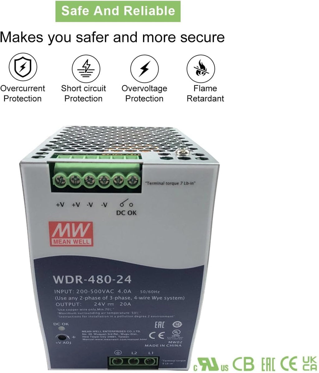 WDR-480-24 480W 24V 20A DIN Rail Power Supply, Wide 180-550VAC Input for Unstable Power, UL508 Listed for Industrial Control, for PLC Systems, Industrial Robots and Motor Drives