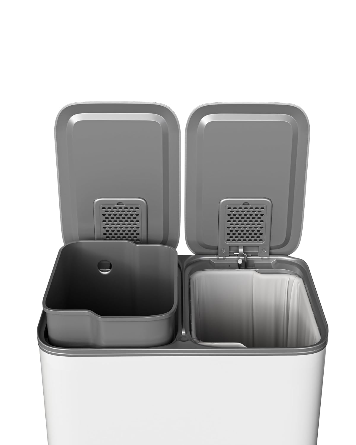 GarveeHome 2 x 8 gal Stainless Steel Double Trash Can with Lid for Kitchen, Large Dual Trash and Recycle Bin Combo, Step-on Kitchen Metal Garbage Cans, PP Inner Buckets, Liner Rim, Grayish-White