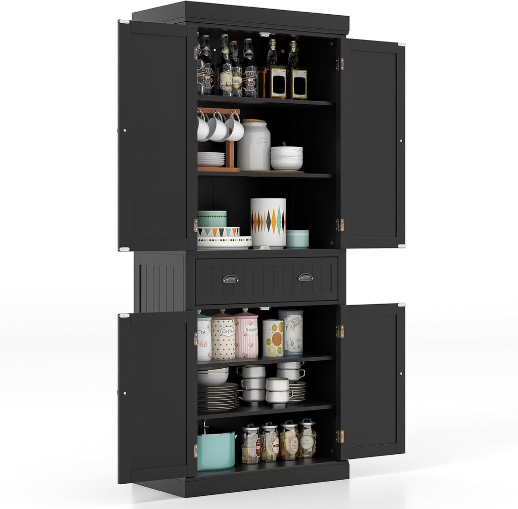 Giantex Pantry Organizers and Storage, 72' Tall Kitchen Cabinet with 2-Door Cabinets & Drawer, Buffet Sideboard w/Adjustable Shelves, Wooden Freestanding Cupboard for Dining Room Living Room (Black)