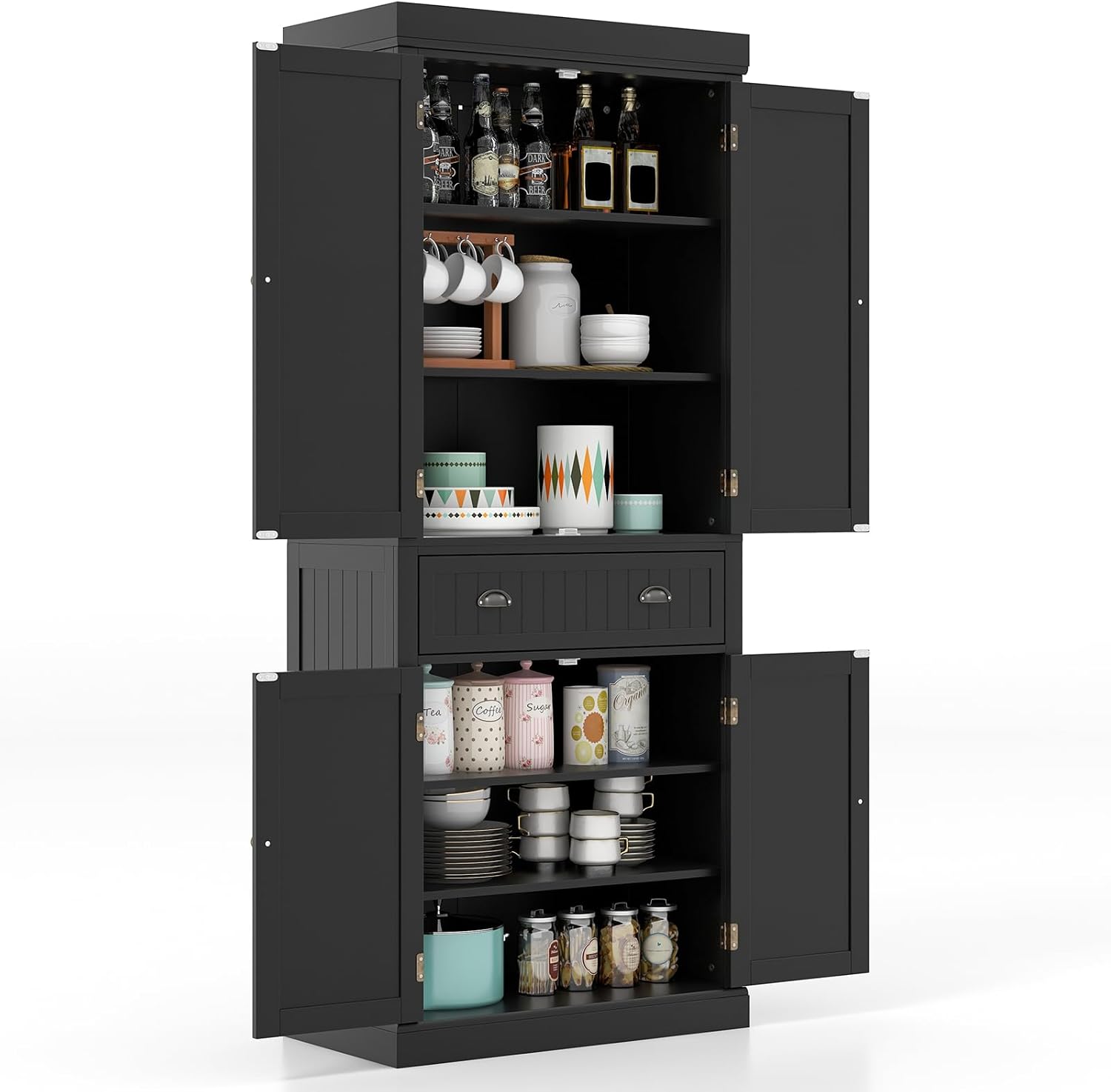 Giantex Pantry Organizers and Storage, 72' Tall Kitchen Cabinet with 2-Door Cabinets & Drawer, Buffet Sideboard w/Adjustable Shelves, Wooden Freestanding Cupboard for Dining Room Living Room (Black)
