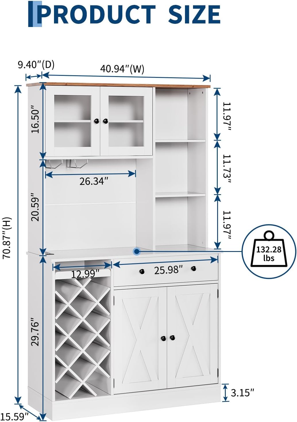 Coffee Bar Cabinet with Power Outlet & Exquisite Barn Doors, Sideboard Buffet Cabinet with Wine Bottle Rack, Storage Cabinet for Kitchen, Dining Room