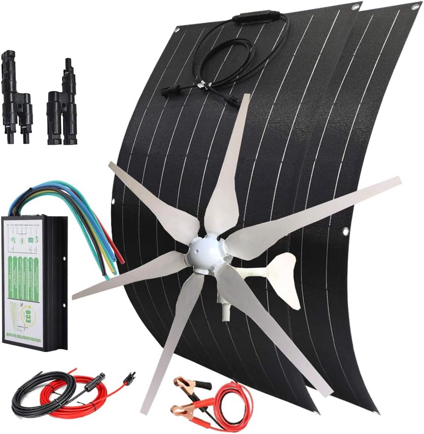 600W Wind Solar Kit Off Grid Hybrid System for Boat:400W Wind Turbine Generator/2pcs 100W Flexible Solar Panels Monocrystalline/Hybrid Charge Controller/Battery Cables/Connectors