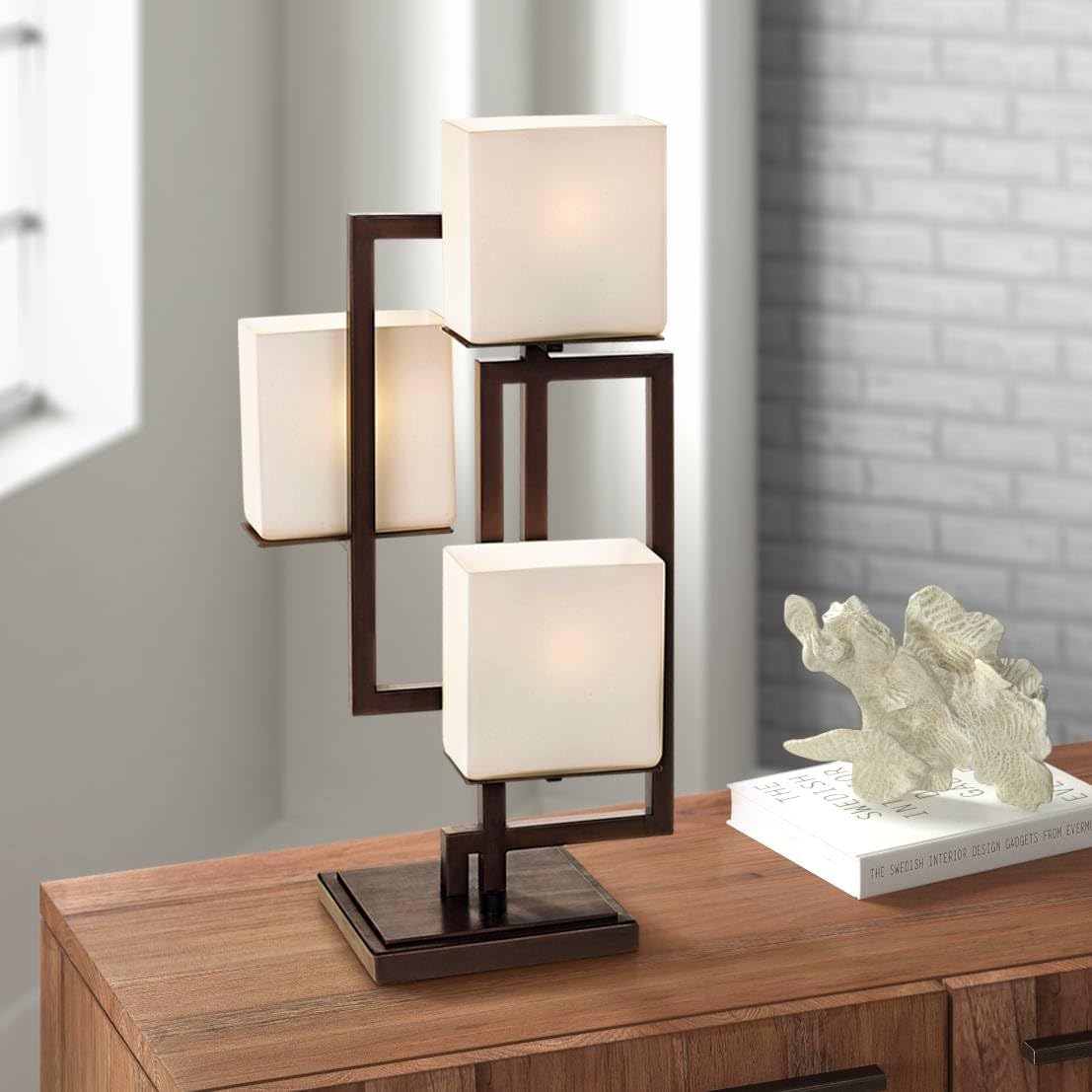 Possini Euro Design Lighting on the Square Modern 3-Way Table Lamp 24' High with Table Top Dimmer Roman Bronze Metal Glass Shade for Bedroom Living Room House Home Bedside Nightstand Office Kids