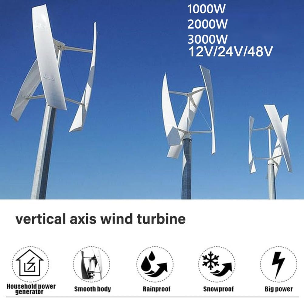 Wind Turbine Generator Kit, 3-Blade Low Noise Vertical Axis Wind Turbine Generator, Adjustable Windward Direction, Wind Power Generator for Marine, RV, Home, Windmill,2000w 48v 4m