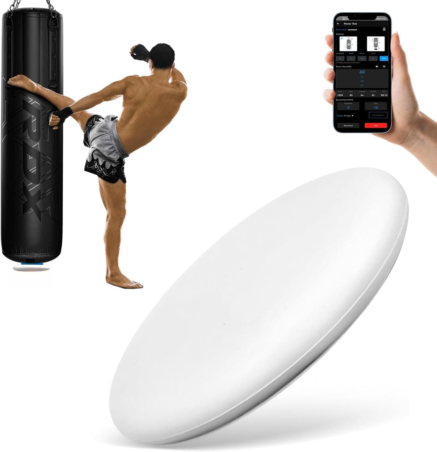 Smart Force Tracker for Punching Bag - Real-Time Data Monitoring, 200H Battery, Voice Feedback, 3 Training Modes， Speed Sensor with App for Boxing, MMA, Kickboxing Training,White