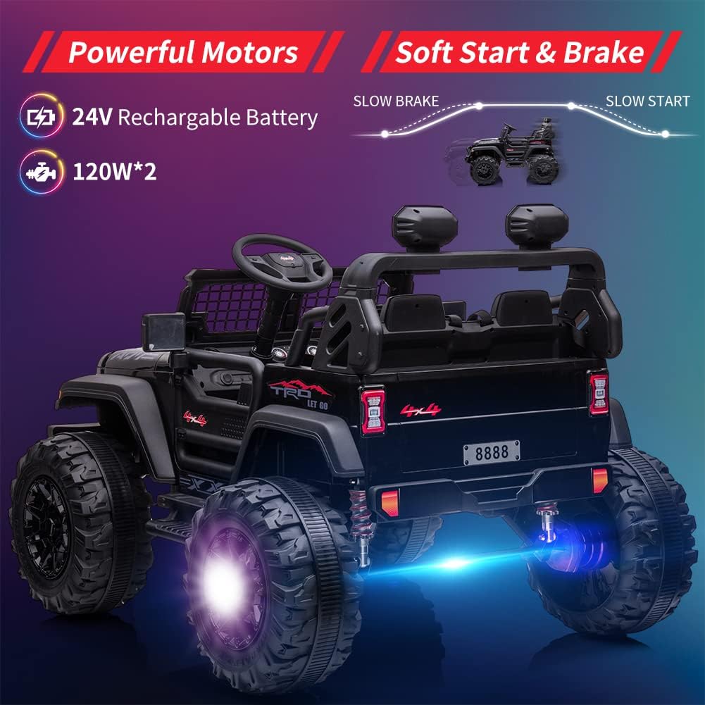 24V 2 Seaters Kids Ride On Truck with Remote Control, 20' Large Seat + 15.5' Wheels, Electric Vehicle Car with LED Light,Large Storage Space, Bottle Holder,Music, Horn,USB for Kids (Black)