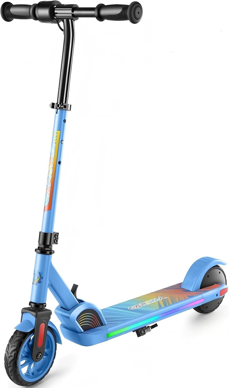 Caroma E35 Kids Electric Scooter for Ages 8-12, 150W Motor Up to 7 Miles Range & 10 MPH Speed, LED Display, Colorful Rainbow Lights, Adjustable Height, Foldable & Lightweight Design