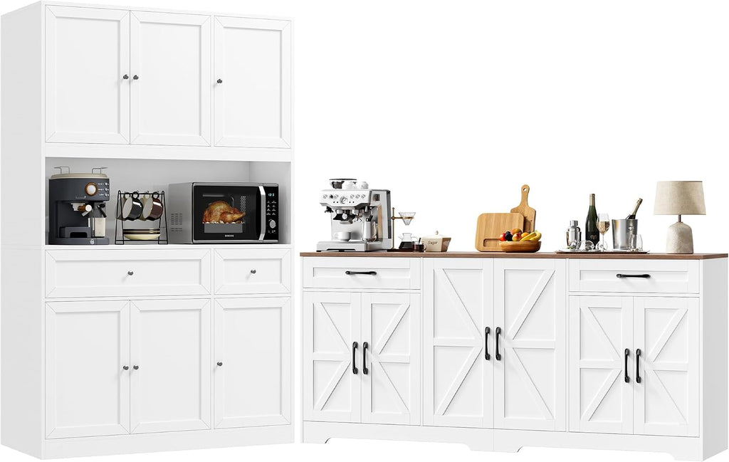 BOTLOG 2PCS Kitchen Cabinets, 71' Large Sideboard Buffet Cabinet with Storage, 72' Tall Pantry Cabinet with Microwave Stand, Wood Coffee Wine Bar Console Table for Kitchen, Dining Room, White
