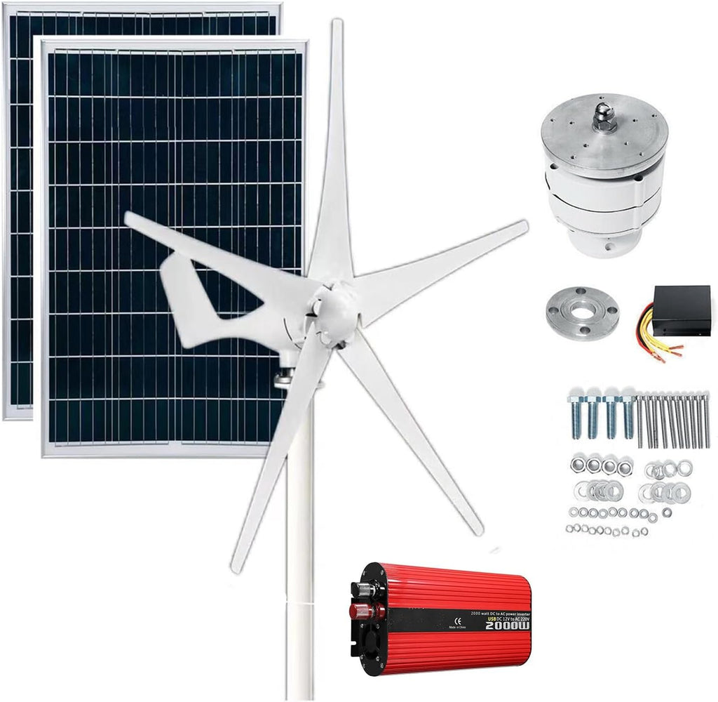12V/24V 1000W Wind Turbine Kit Generator with Controller + 100W*2 Solar Panel + 2000W Inverter 5 Blade Small Household Wind Turbine Can Be Used for Wind and Solar Hybrid (Color : 12V)