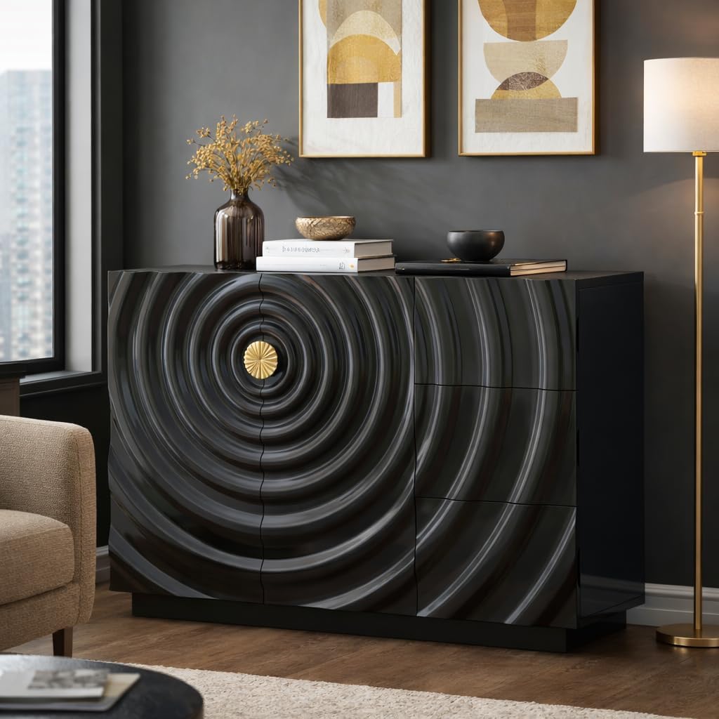 LVSOMT 47.2' Sideboard Buffet Cabinet, Modern Buff Storage Cabinet with Drawers, Adjustable Shelf, Spiral Pattern Accent Credenza, Coffee Bars for Kitchen Entryway (High Gloss Black)
