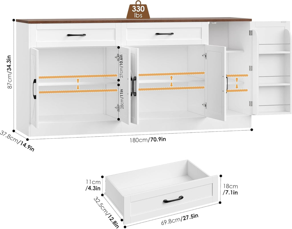 BOTLOG 71' Large Sideboard Buffet Cabinet with Storage, Farmhouse Buffet Cabinet with Adjustable Shelves and 3 Door Shelves, Wood Coffee Bar Console Table for Kitchen, Dining Room (White)