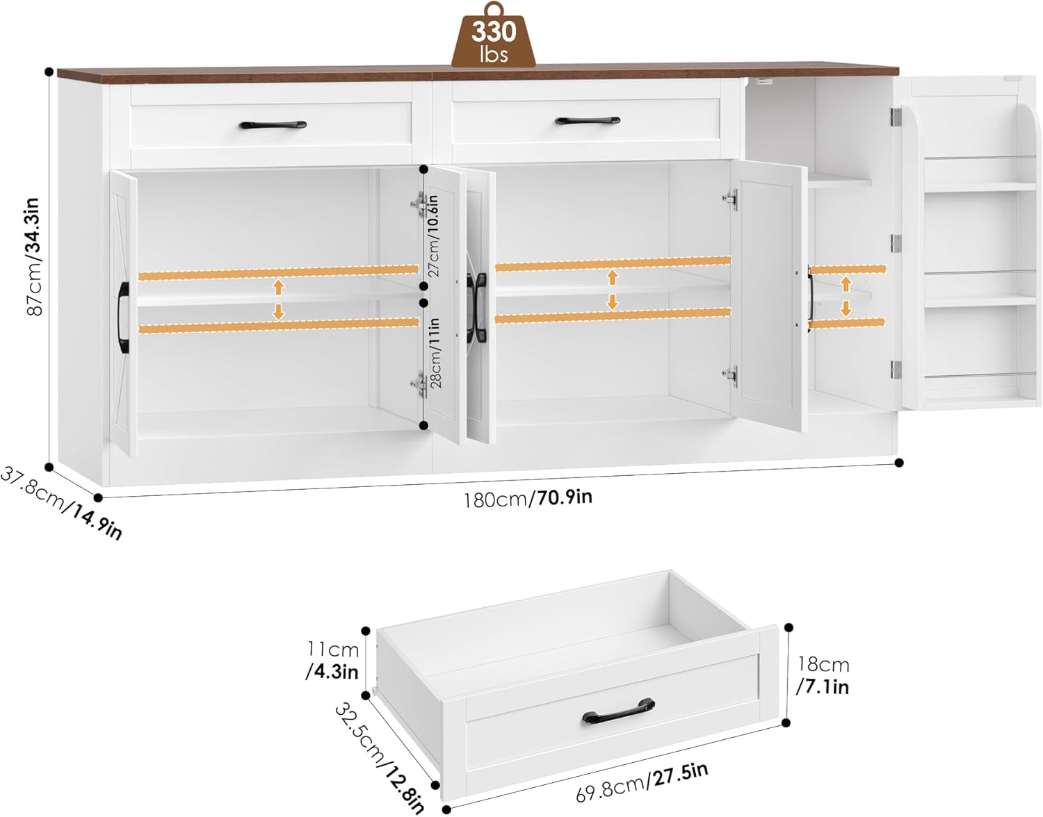 BOTLOG 71' Large Sideboard Buffet Cabinet with Storage, Farmhouse Buffet Cabinet with Adjustable Shelves and 3 Door Shelves, Wood Coffee Bar Console Table for Kitchen, Dining Room (White)