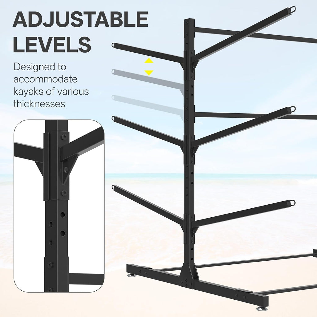 LotFun Kayak Storage Rack, Freestanding Heavy Duty Adjustable Kayak Stand Indoor Outdoor Storage Rack Garage, with Wheels and Foot Pad, for Kayaks, SUPs, Canoes, Surfboard (3 Levels for 6 Kayaks)