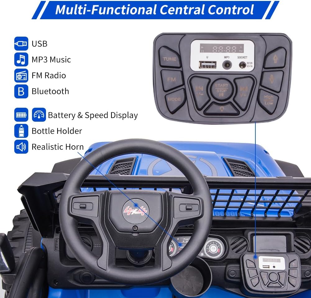 24V 2 Seaters Kids Ride On Truck with Remote Control, 20' Large Seat + 15.5' Large Wheels, Electric Vehicle Car with LED Light,Storage Space, Bottle Holder,Music, Horn,USB for 3-8 Years (Blue)