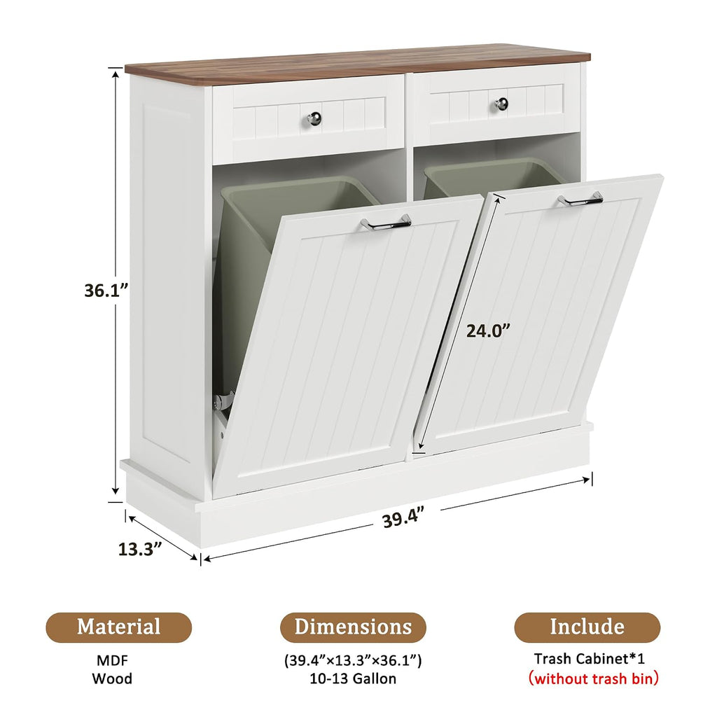 KIGOTY Double Tilt Out Trash Can Cabinet, 20 Gallon Hidden Trash Storage Cabinet with 2 Hideaway Drawers, Freestanding Trash Can for Kitchen, Wooden Laundry Hamper Cabinet, Pet Proof (White-Walnut)