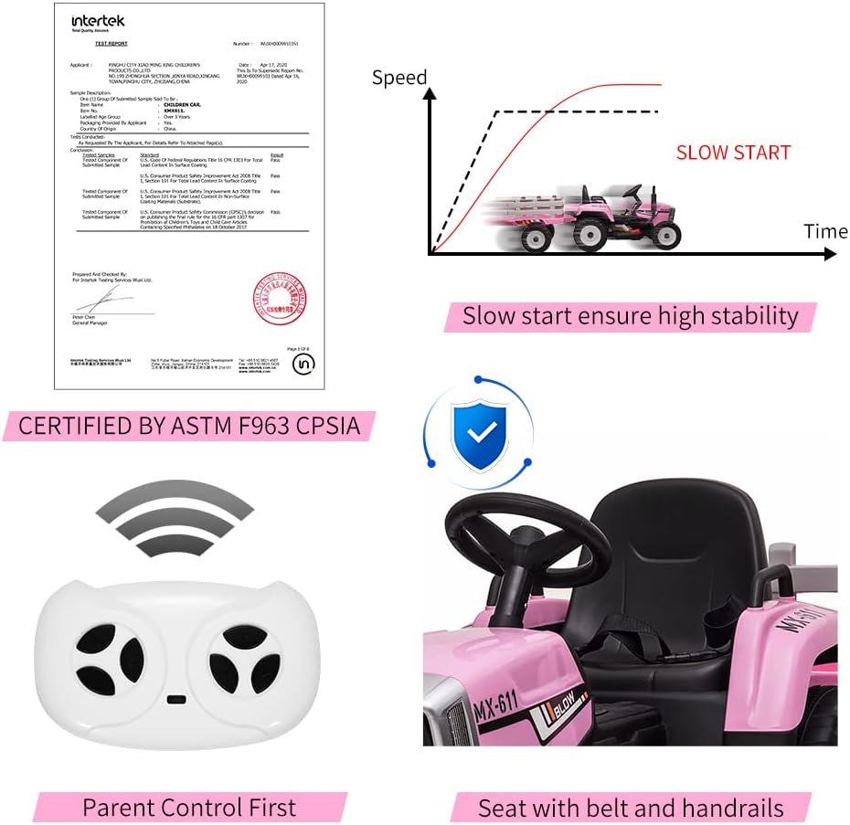 12V Kids Ride On Tractor with Trailer & Remote Control, Toddler Battery Powered Electric Vehicle, Slow Start 7LED Headlights USB Music Player 2+1 Gear Shift, Pink, 35W/ EVA Tire