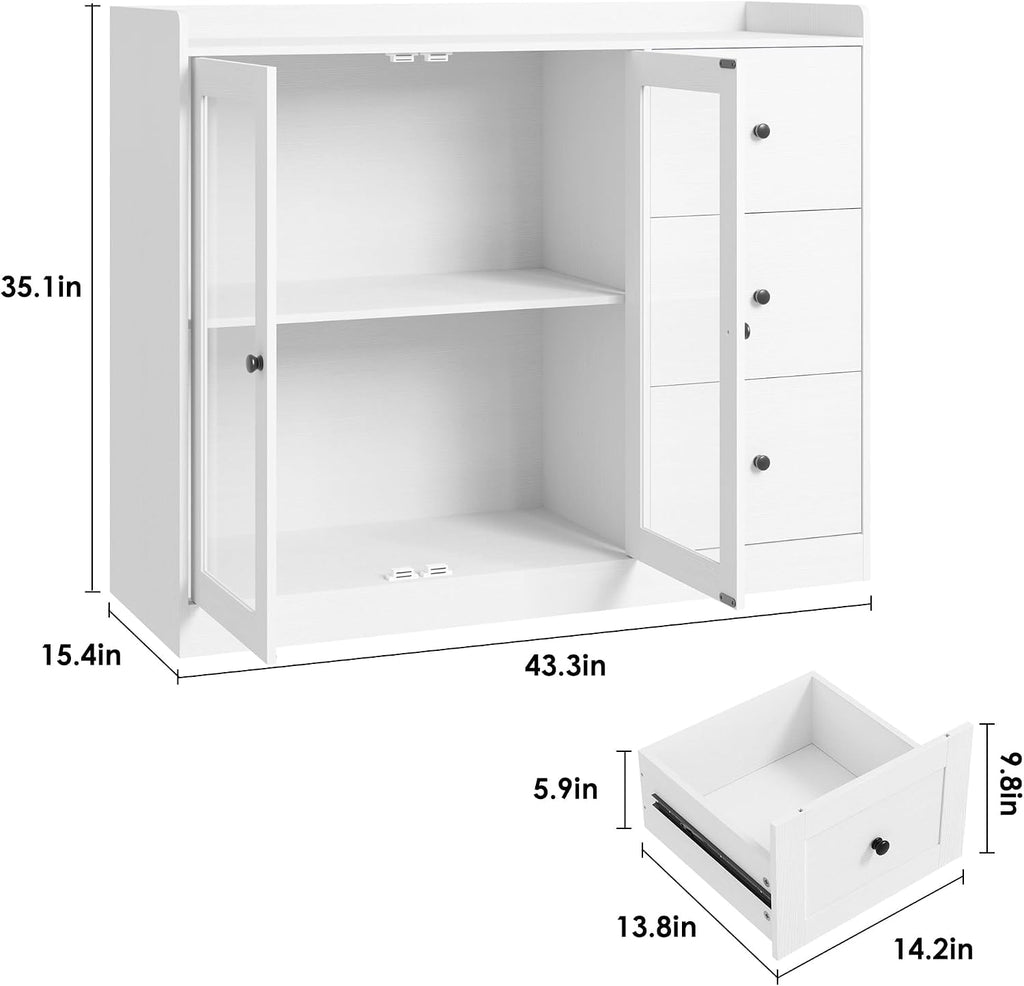 Takywep Kitchen Storage Cabinet, Wooden Coffee Bar with 3 Drawers & Double Doors, Sideboard Buffet Cabinet for Kitchen, Living Room, Entryway, Bathroom, White
