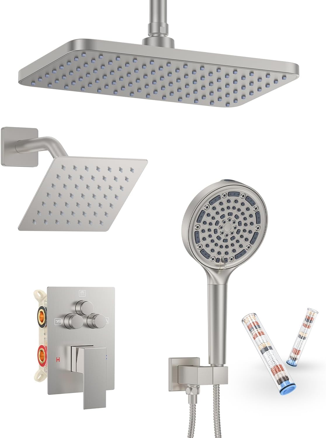 KOJOX Brushed Nickel Dual Shower Head System – 11' Ceiling Rainfall + 6' Wall Mount Heads, 6-Mode Handheld Spray, Push-Button Diverter Faucet Set