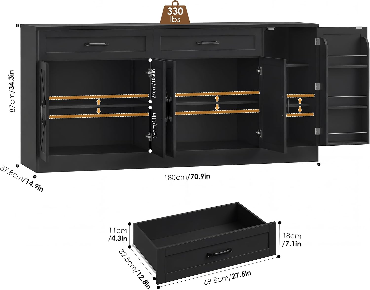 BOTLOG 71' Large Sideboard Buffet Cabinet with Storage, Farmhouse Buffet Cabinet with Adjustable Shelves and 3 Door Shelves, Wood Coffee Bar Console Table for Kitchen, Dining Room (Black)