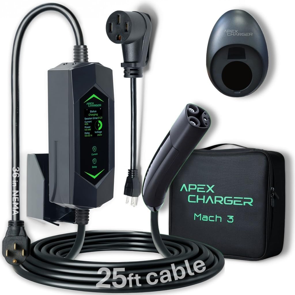MACH 3 Fast 40 Amp Level 1&2 Portable EV Charger, NACS Connector Electric Vehicle Charging Station, 120-240V NEMA 14-50 w/ 5-15 Adapter. Outdoor EVSE, 25ft Cable with Holder