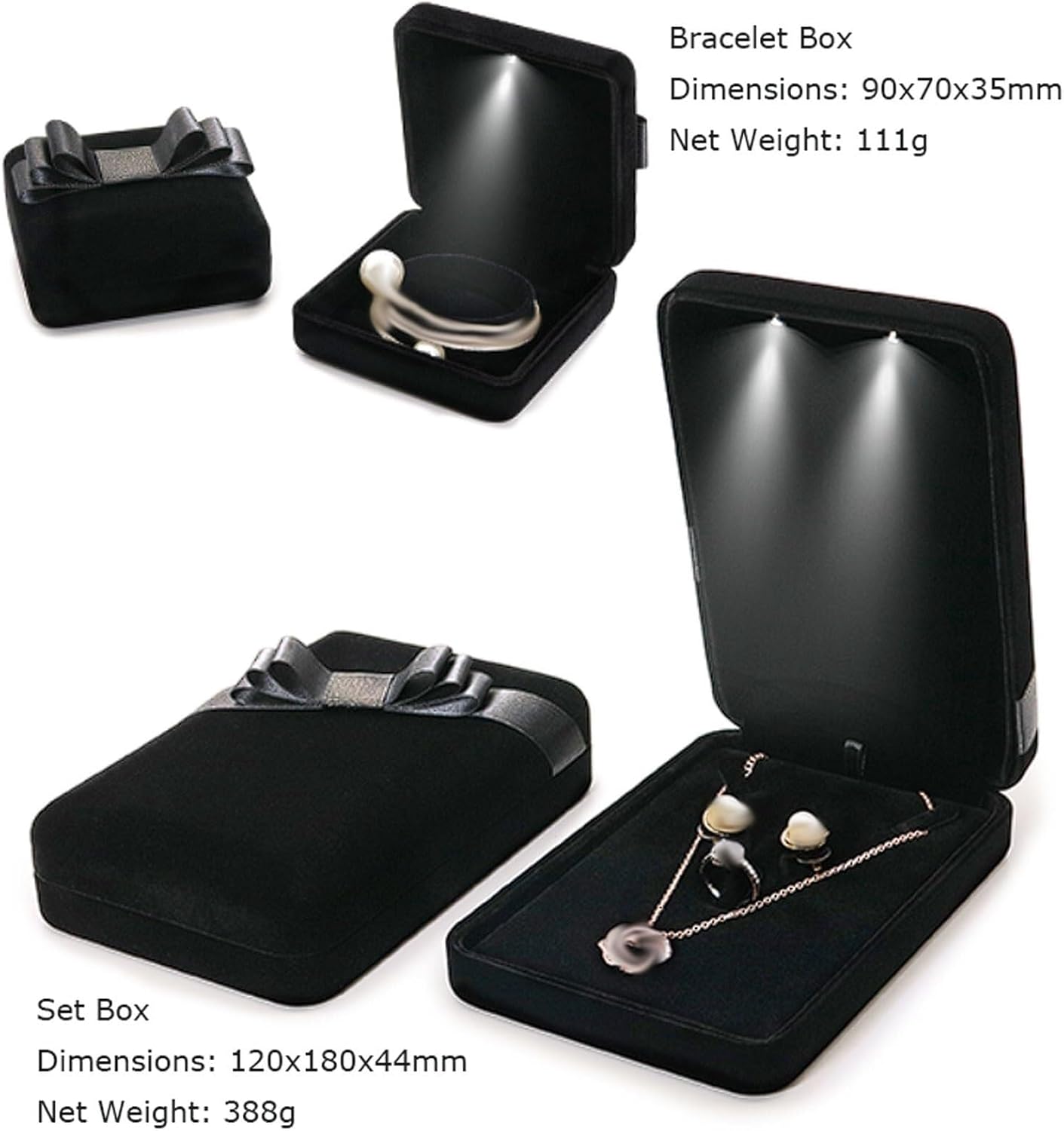 Rieort 5-Piece Jewelry Box Set Black Silk Jewelry Storage Box LED Light Necklace Box Women Jewelry Organizer Louver Design Display Box