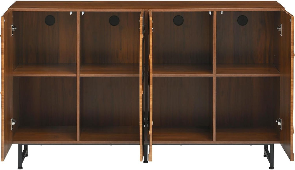 59' Modern Art Sideboard Cabinet with Storage, Sideboard Buffet Cabinet with Wave Relief Design & Metal Legs, Walnut Texture Storage Cabinet for Living Room, Dining Room