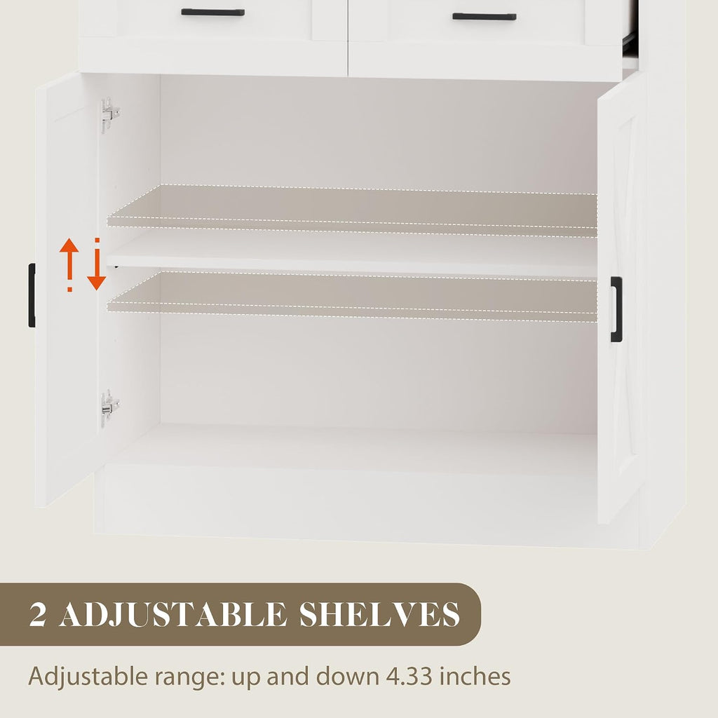 71' Kitchen Pantry Storage Cabinet, Kitchen Hutch with Microwave Stand and Adjustable Shelves Freestanding Cupboard for Dining Living Room, White