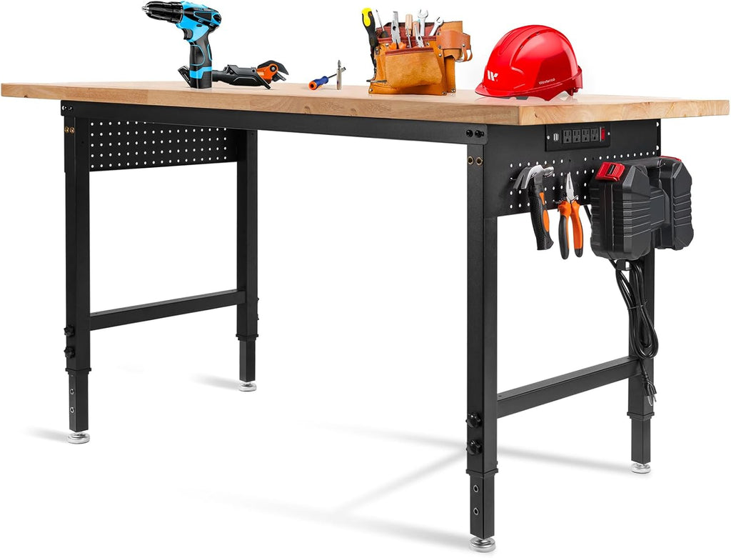 Height Adjustable Workbench 60'×22' Heavy Duty Work Table 2000 LBS Load Capacity Rubber Wood Work Station with Power Outlet & Pegboard for Garage, Office, Workshop, Home, Party Shop
