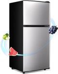 Apartment Size Refrigerator, 4.0 Cu.Ft Small Refrigerator with Freezer Suitable for Apartment, Office, Kitchen, Dorm, Compact Fridge with 7 Temperature Modes, Double Door, Silver