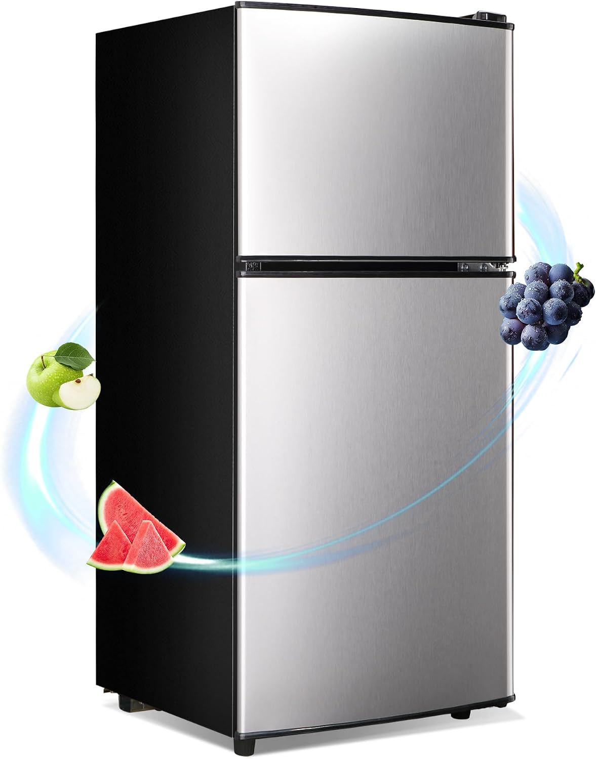 Apartment Size Refrigerator, 4.0 Cu.Ft Small Refrigerator with Freezer Suitable for Apartment, Office, Kitchen, Dorm, Compact Fridge with 7 Temperature Modes, Double Door, Silver
