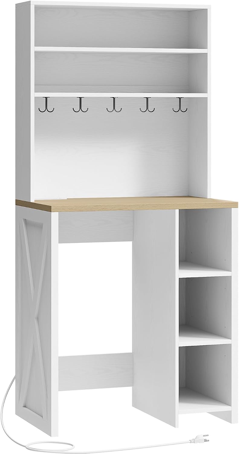 IRONCK Bakers Rack with Mini Fridge Space & Power Outlets, 69.3' Coffee Bar Station with LED Lights, 7-Tier Kitchen Microwave Stand with Hooks & Wooden Backboard, Space-Saving Utility Organizer, White