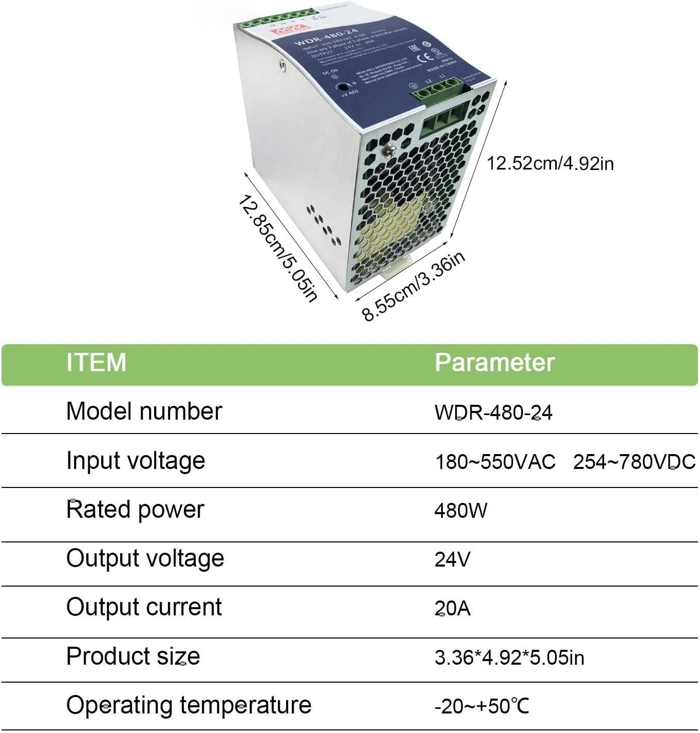 WDR-480-24 480W 24V 20A DIN Rail Power Supply, Wide 180-550VAC Input for Unstable Power, UL508 Listed for Industrial Control, for PLC Systems, Industrial Robots and Motor Drives