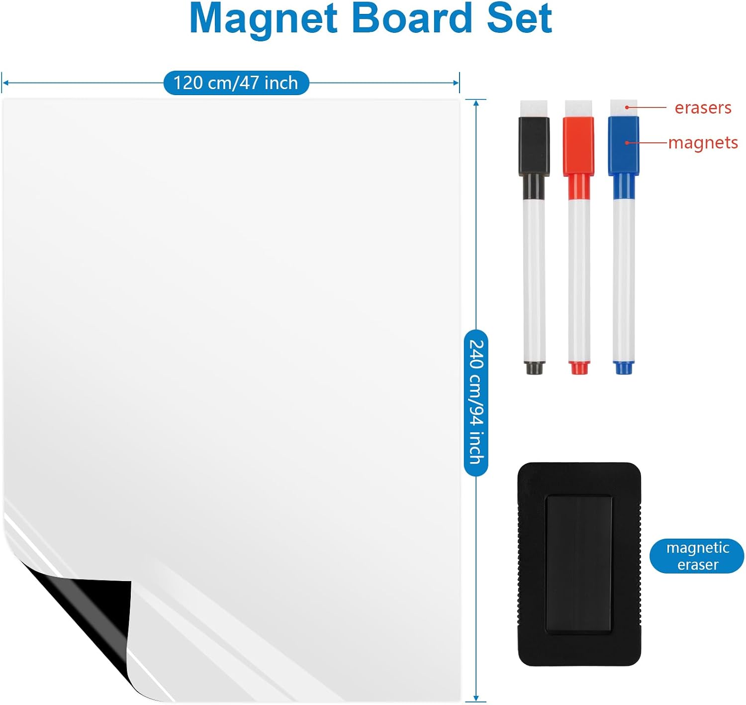 Magnetic Fridge White Board Paper, 94' x 47' Large Dry Erase Board Sheet for Organizer and Planner, Kitchen Refrigerator Whiteboard for Family to-do List, Includes Markers and Eraser