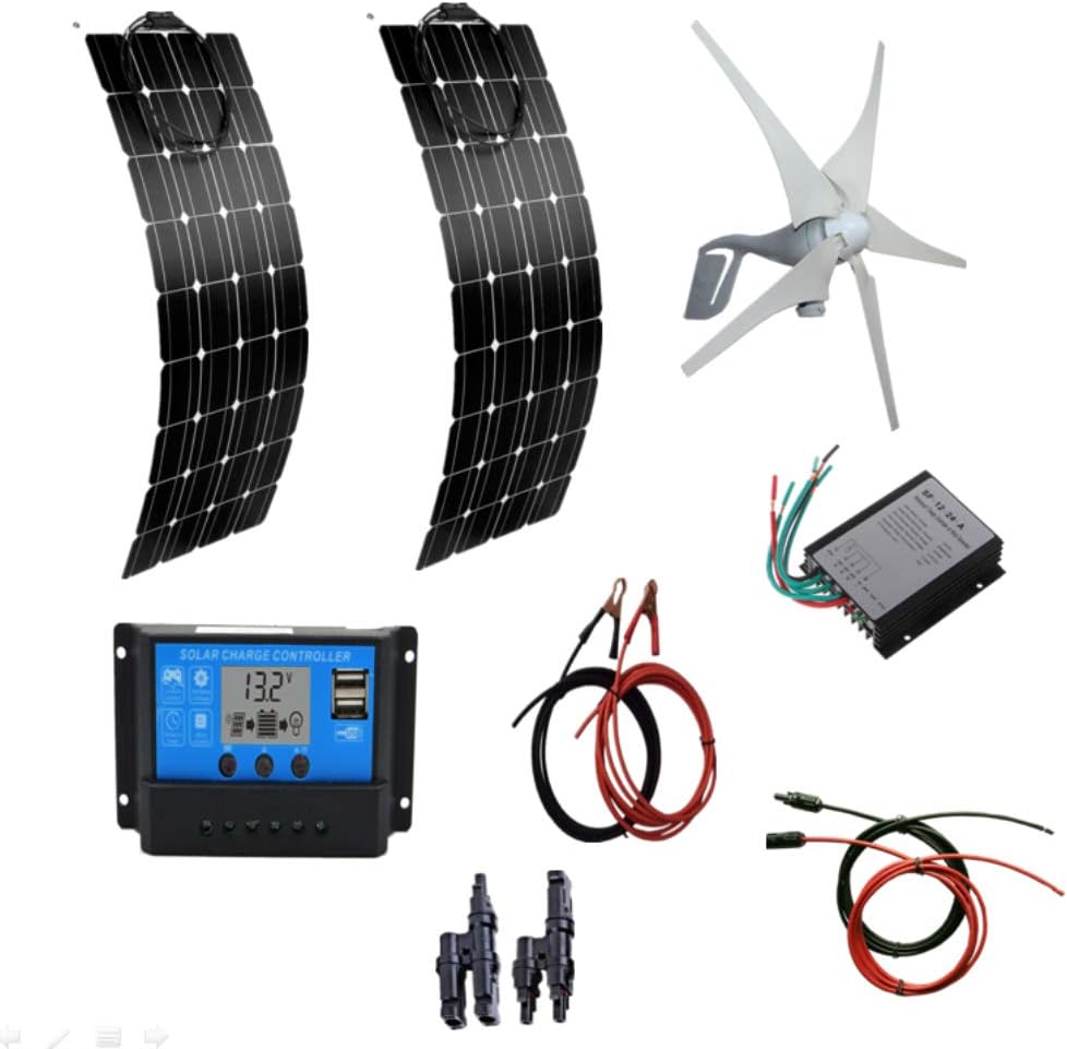 600W Wind-Solar Generator Kit: 2PCS 100W Solar Panels & 400W Wind Turbine &Solar Charger+Wind Controller for RV, Camping, Boat, Caravans, Motorhome
