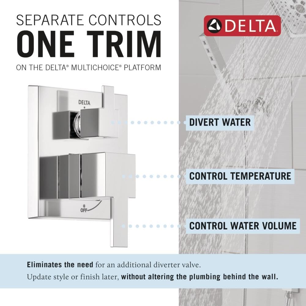 Delta Modern 14 Series Square Rain Shower System Faucet Set, Rainfall Chrome Shower Head and Handle Set, Valve Trim Kit, 10 Inch, Chrome 342701