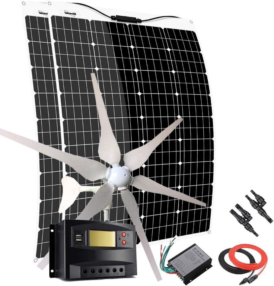 640W Wind Solar Power Kit: 400W Wind Turbine Generator + 240W Flexible Monocrystalline Solar Panels + Charge Controller+Cables for Off Grid System 12V 24V Battery Charging
