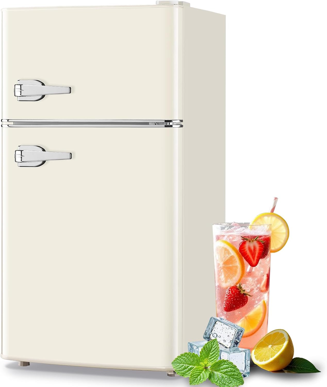 Mini Refrigerator with Freezer Small Fridge Double Door Side Drink Holder Adjustable Glass Shelves, Plastic Crisper, 7 Level Temperature Control for Bedroom, Office, Apartment White