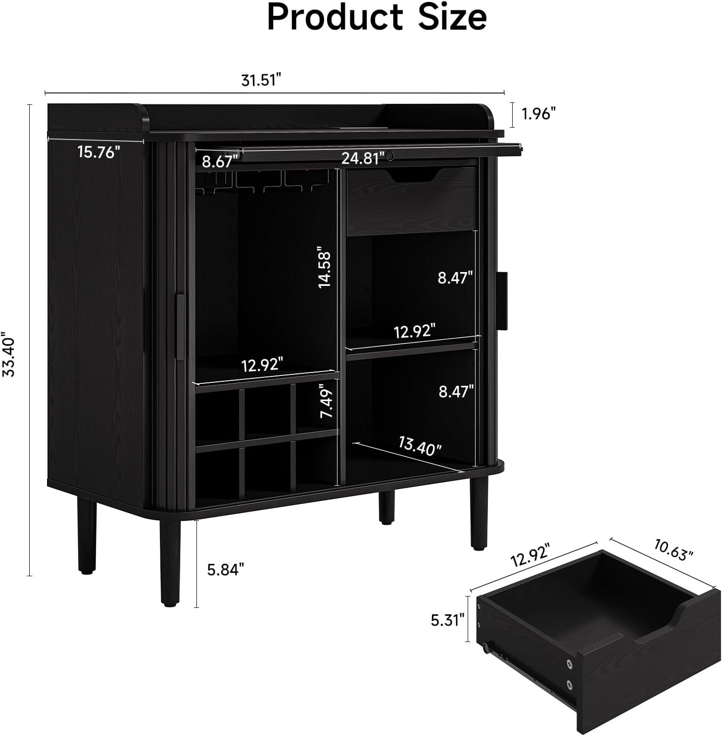 ONBRILL Fluted Bar Cabinet, Mid Century Modern Coffee Bar Cabinet, Wine Cabinet with Storage, Liquor Cabinet with Charging Station and Wine Racks Glass Holder for Home Living Room Kitchen Black