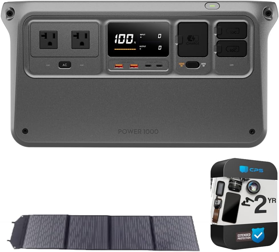 DJI CP.DY.00000051.01 Power 1000, Portable, High Capacity, Ultra- Quiet Outdoor Power Source Bundle with Deco Home Foldable, Portable 100W Solar Panel and 2 YR CPS Enhanced Protection Pack