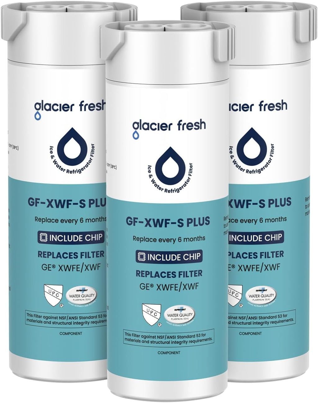 GLACIER FRESH Water Filter Compatible with XWFE (Built-in CHIP), Replacement for GE XWFE, XWF Refrigerator Water Filter NSF/ANSI 53 Certification Pack of 3