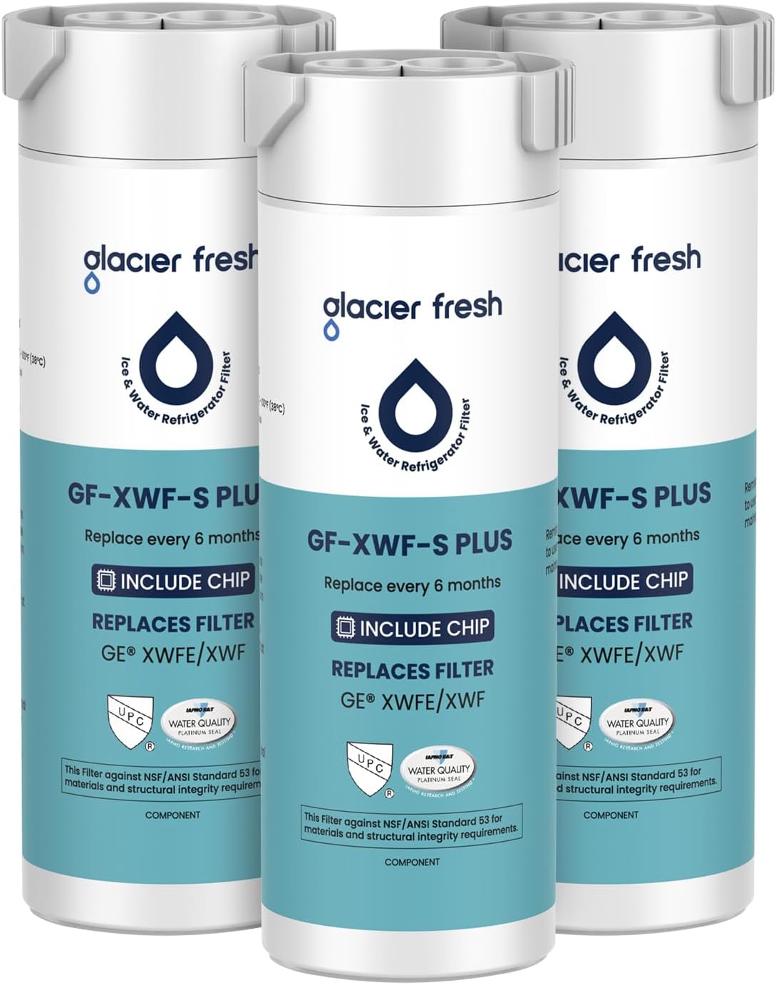 GLACIER FRESH Water Filter Compatible with XWFE (Built-in CHIP), Replacement for GE XWFE, XWF Refrigerator Water Filter NSF/ANSI 53 Certification Pack of 3