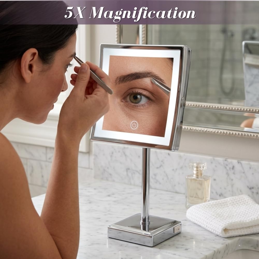 JERDON Lighted Tabletop Makeup Mirror with 5X Magnification - Chrome Finish 8' bx 8' Plug in Magnifying Mirror with Variable Lighting - Model JRT880CL