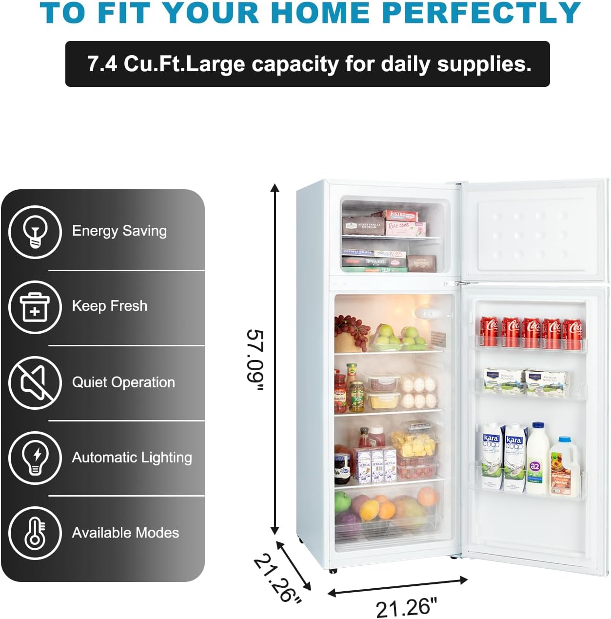 7.4 CU' Refrigerator with Freezer, Apartment Size Refrigerator Top Freezer, 2 Door Fridge with Adjustable Thermostat Control, Freestanding, Door Swing, White (FR 742 WH)