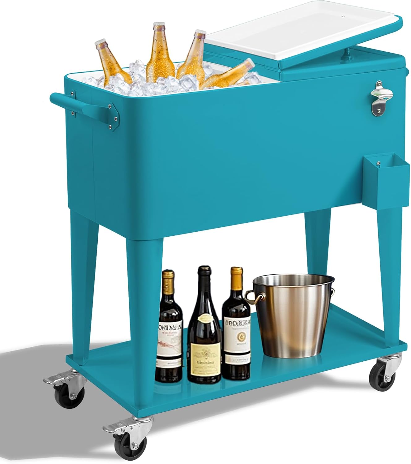 Outvita 80 Quart Rolling Ice Chest, Portable Bar Drink Cooler with Catch Basin, Bottom Storage Tray and Bottle Opener for Patio Party BBQ Beach Activities