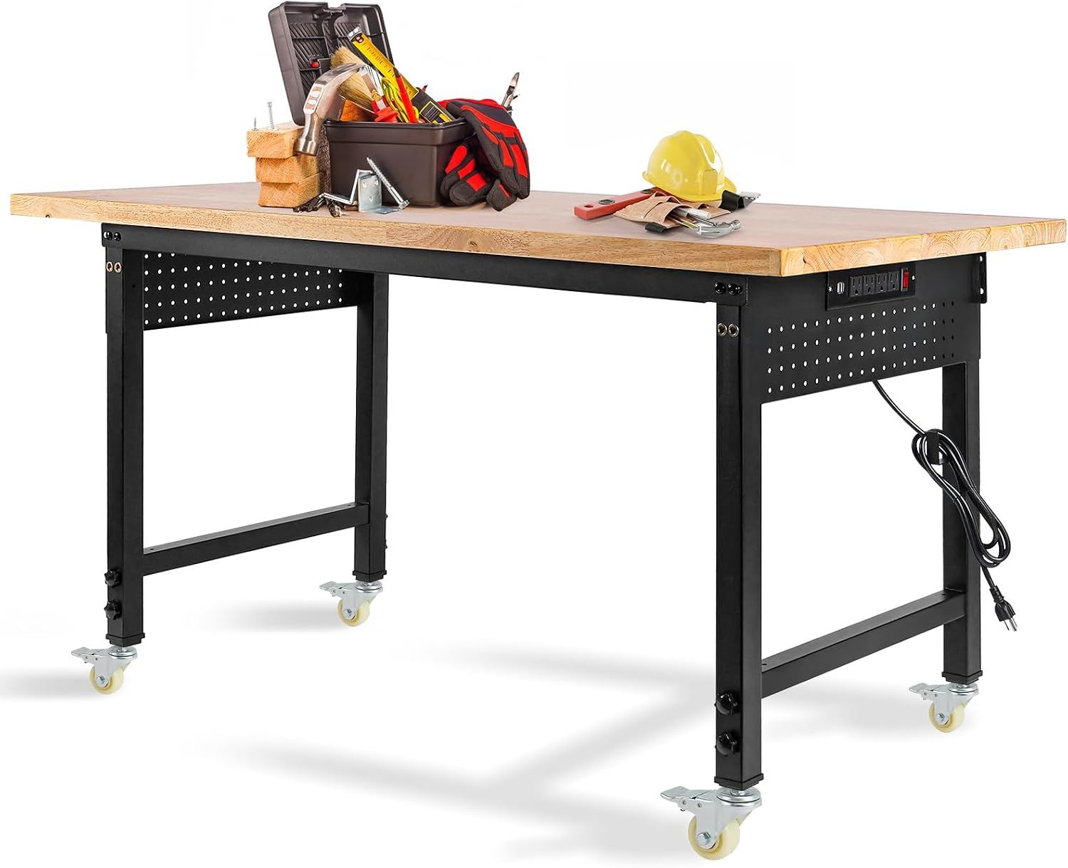 Height Adjustable Workbench with Wheels 60'×22' Heavy Duty Work Table 2000 LBS Capacity Rolling Work Table Rubber Wood Work Station with Power Outlet & Pegboard for Garage, Office, Workshop